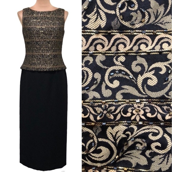 Jessica Howard Formal Dress Size 8 Black Gold Beaded Damask Scrollwork Brocade - Picture 1 of 10